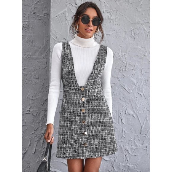 Dresses & Skirts - Black Plaid Tweed Sleeveless V-Neck A-Line Mini Pinafore Overalls Tank Dress